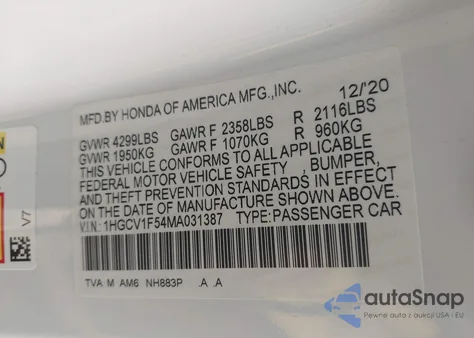 2021 Honda Accord Ex-L из США, поврежденный, VIN 1HGCV1F54MA031387